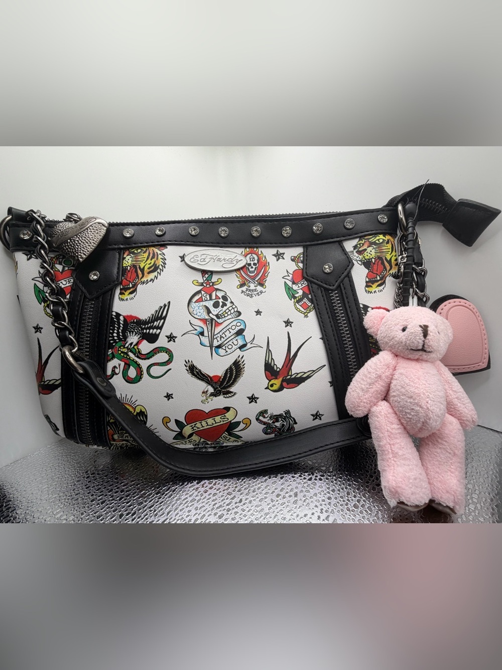 Ed Hardy White Tattoo Print Tote with Black Trim